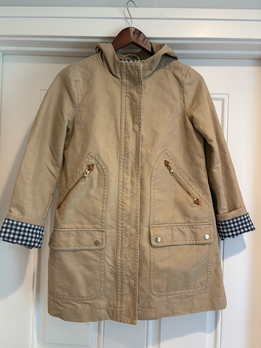 J Crew Khaki Tan Hooded Navy Gingham Lined Trench Coat Jacket, 4